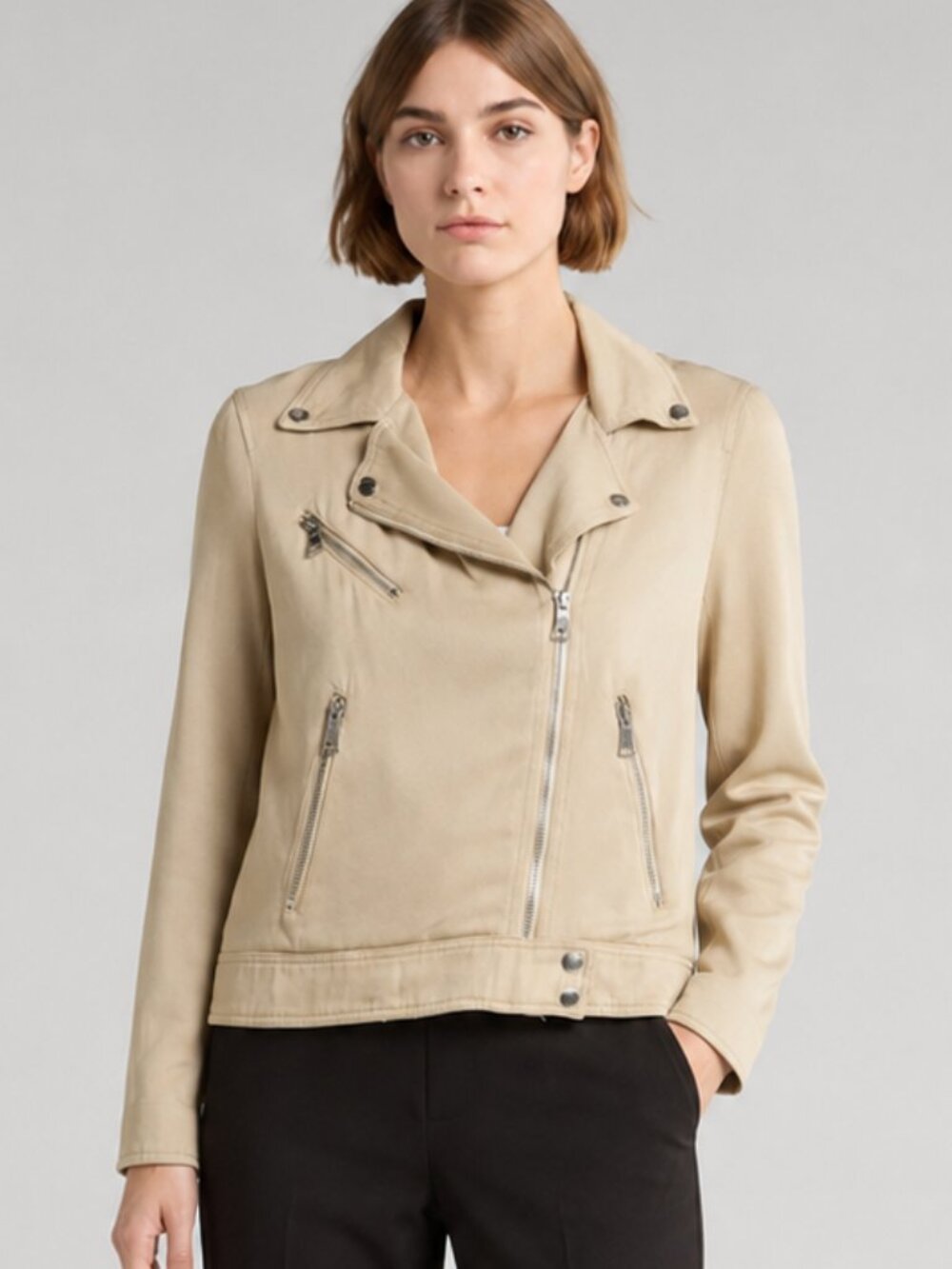 NWT Elie Tahari Beige Lightweight Moto Biker Asymmetric Full Zip Fall Jacket XS